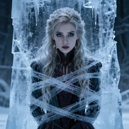 a beautiful girl bound by ice, fully encased in ice, anna dittmann, masterpiece, dark, gothic, very detailed, sharp, 8 k