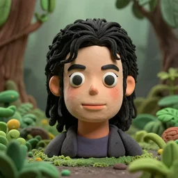 michael jackson!!! clay! extremely close smooth shiny sculpted headshot of michael jackson , soft light, fog , in forest jungle. style: claymation puppet kids clay , by guldies