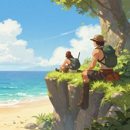 three dnd adventurers hiding on a cliff over a beach, sunny, fantasy art, epic, 4 k