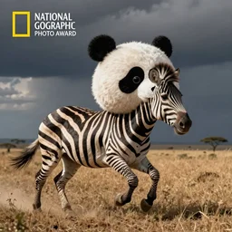 A zebra with a giant panda's head, running in savannah, national geographic photo award