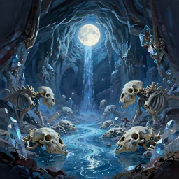 concept art by jama jurabaev, cel shaded, cinematic shot, trending on artstation, high quality, brush stroke, vibrant colors, the mysterious crystal cave under the moonlight, the streams are dotted with stars, and the bones of giant animals are frozen on the lake