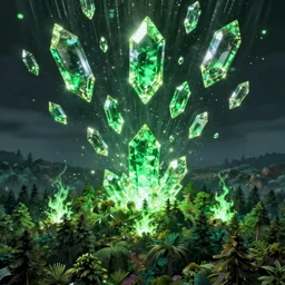 large huge glowing green crystal fragments falling from the sky, landing on top of a forest, causing magical green fires, by sylvain sarrailh, rossdraws, ambient light, ultra detailed, fantasy artwork, 8 k, volumetric lighting, trending on artstation, award winning, beautiful scenery, very beautiful.