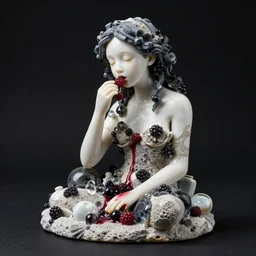 queer sculpture of an emo girl eating berries, made from obsidian and and pumice and japanese glazed pottery and glass, sensual, berry juice dripping, black background, zen,