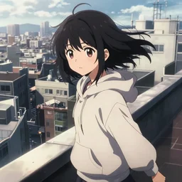 detailed anime visual portrait of a young black haired girl wearing hoodie sightseeing above the urban city school rooftop sunny day dramatic lighting moody dynamic perspective posing by yoh yoshinari