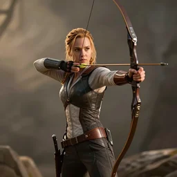 Katniss Everdeen as Hawkeye, drawing her bow, film still from Avengers Endgame