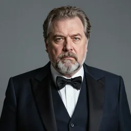 a portrait of a stern, elegantly dressed, heavy set older man with a round face and a salt and pepper goatee by jesper ejsing