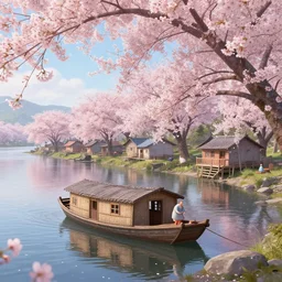 a houseboat by a small fishing village on the river | cherry - blossoms | highly detailed | very intricate | serene romantic fantasy whimsical magical | professional cinematic lighting | pixar | award - winning | matte painting by anton fadeev and paul lehr and rhads and alena aenami | pastel color palette | featured on artstation