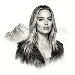 mash up tattoo sketch of margot robbie in the shape of mountain scenery, double exposure effect, in the style of arlo dicristina, hyper realism, amazing detail, sharp