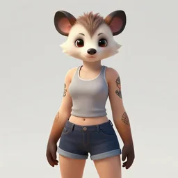 character portrait of a anthro opossum girl fursona wearing a tanktop and shorts with arm tattoos. Character design by charlie bowater, ross tran, artgerm, and makoto shinkai, detailed, inked, western comic book art