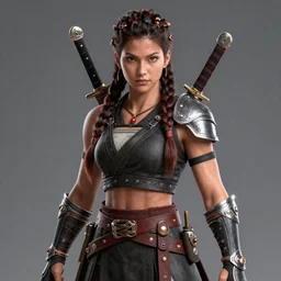 official portrait of a playable fighter for PS4 fighting game with braids and knives, bump mapping, global illumination, incredibly detailed, D&D protagonist, octane render, finished concept art, digital art by Katsuya Terada, trending on Artstation