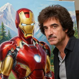 a closeup photorealistic photograph of bob ross detailing a canvas painting of iron man. mountains and trees. film still. brightly lit scene. this 4 k hd image is trending on artstation, featured on behance, well - rendered, extra crisp, features intricate detail, epic composition and the style of unreal engine.