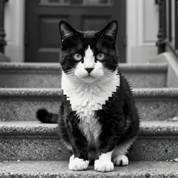 cinematic shot epic black and white cat, hyper realistic, mood lighting, fantasy, detailed cat on steps, highly detailed, super realistic, perfect lighting pixel sorting, style sheet