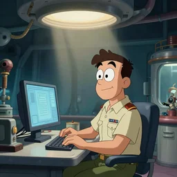 captain murphy sitting at a computer in sea lab, original cartoon style