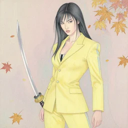 breathtaking detailed pattern pastel colors of uma thurman ( kill bill ) in yellow suit, with katana sword and autumn leaves, by hsiao - ron cheng, bizarre compositions, exquisite detail, enhanced eye detail