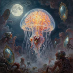 concept art of giant translucent glowing jellyfish brain, lovecraftian divers helmet, lots of teeth, melting horror, round moon, rich clouds, fighting the horrors of the unknown, mirrors, very detailed, volumetric light, mist, grim, fine art, decaying, textured oil over canvas, epic fantasy art, very colorful, ornate, anato finnstark