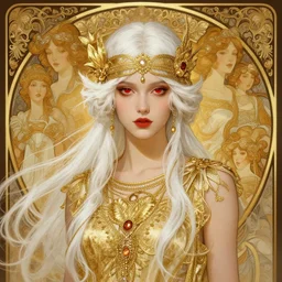 beautiful girl, gold, god, white hair, 1 9 2 0 s fashion, fantasy, red eyes, highly detailed, intricate, ethereal, highly detailed, sharp focus, artstation, digital paining, character concept art, art by joseph leyendecker, donato giancola, dean cornwell, ruan jia, ayami kojima, alphonse mucha, cedric peyravernay, tom bagshaw