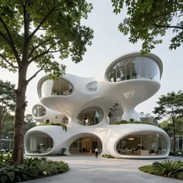 biophilic design, utopian architecture, pod structures, minmalist parametric, trees