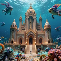of the lost city of Atlantis undersea with strange scary creatures swimming around, low angle, octane render, macro, shallow dof, ultra realistic, hyper-realistic, exquisite architecture, hyper-realistic, ultra-detailed, cinematic lighting, vibrant colors, H- 1024