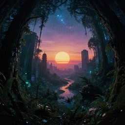 abandoned by jean delville, fisheye dramatic lighting cosmic cyberpunk rainforest alien vaporwave at dawn nature tokyo lightpaint morning sun nightvision darkacademia sunset magic realism architecture island hyperrealism landscape retrowave galactic mercury elysian retro at winter sunlight, archdaily, wallpaper, highly detailed, trending on artstation.