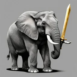 an elephant holding a golden sword with his mouth, 1 bit render, strictly 1 bit, grey scale.