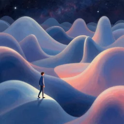 a human walking normal and exponential curves from the universe flow into and out of them, interacting with them digital art, trending on art station, many smooth curves, whimsical,