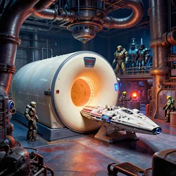 a neon nuclear reactor core mri machine millennium falcon space-station Vuutun Palaa with massive piping inspired by a nuclear reactor submarine and maschinen krieger, ilm, beeple, star citizen halo, mass effect, starship troopers, elysium, iron smelting pits, high tech industrial, saturated colours