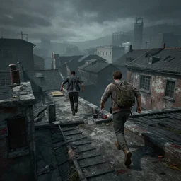 2 survivors running away from zombies in rooftops, artstation, matte painting, hyperrealistic, concept art, Unreal engine 8k