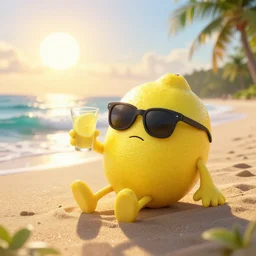 a 5 0 mm pentax k professional photograph, of a fictional anthropomorphic lemon character, serious look, it has lemon skin texture, it's wearing sunglasses and holding a glass of lemon, relaxing on the beach, at sunset, beach, huge waves, bright sun, tropical trees, rim light, sand, volumetric lightening