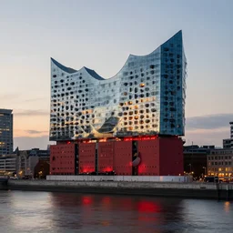 An epic architectural rendering of a blob shaped trypophobia house with a mysterious red glow emitting from inside in a modern cityscape next to a river, hamburg elbphilharmonie, stunning, gorgeous, golden ratio, photorealistic, featured on artstation, 4k resolution