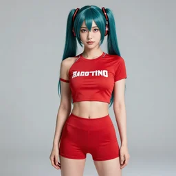 suzu Hirose as miku wearing crop red gym top with white lettering, cropped red yoga short, Advertising photography by Mario Testino, masterwork, cgstudio