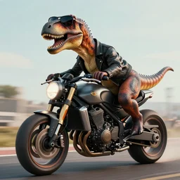 a velociraptor with a black leather jacket and sunglasses driving a motorbike, photorealistic 3 d octane render, unreal engine, make it look like it was made by dall - e 2
