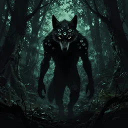 werewolf silhouette with many eyes in a dark forest. pulp sci - fi horror art. dark background