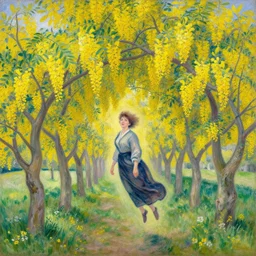 a kind middle aged woman floating in an infinite archway tunnel of laburnum trees in bloom painted by emile friant
