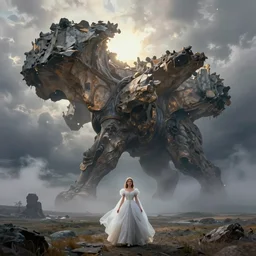 giant colossus by grzegorz rutkowski and richard wright, atmospheric haze, stormy, tundra, princess in foreground, large scale