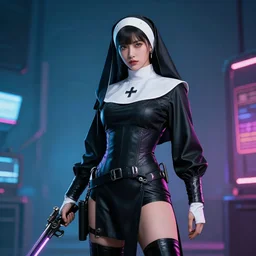 photo of a cyberpunk nun warrior with weapons