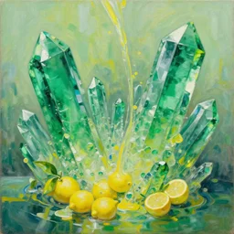 lemon juice flowing through enormous glistening emerald crystal formations, abstract landscape, oil on canvas, 4 k desktop wallpaper