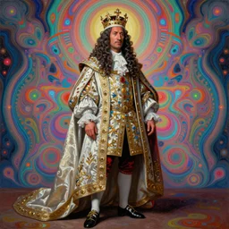beautiful oil painting, full length portrait of Dwayne the rock Johnson as Louis xiv in coronation robes 1701, Dan Mumford, Dan Mumford, Alex grey, Alex grey, highly detailed , lsd visuals, dmt fractal patterns, hallucinogen, visionary art, psychedelic art, ornate, vaporwave