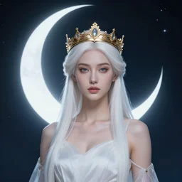 Artemixel, the modern reincarnation of the old selenium god of hunt, also known as Artemis the Selene, carrying the celebrated Crown of the Crescent Moon, wich its usual bright and slightly bluish crescent like the brightness of the night. Portrait by Aleksander Rostov, intricate and highly detailed concept art, close-up