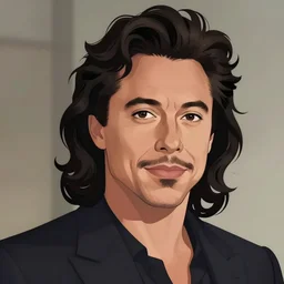 illustration of a handsome!! man resembling ( ( ( ( robert downey jr ) ) ) ) & ( ( ( ( ( ( jason momoa ) ) ) ) ) ) with long black curly hair + tan skin + anchor goatee, guitar | wearing a cowboy hat with a skull emblem | art by hirohiko araki & jean giraud & artgerm & jack kirby | artstation, character design, concept art, full body, digital painting | intricate, high detail, smooth, sharp focus