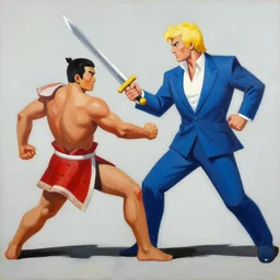 a blond man in a blue suit with a sword fighting a bare chested asian gladiator, organic painting, sunny day, matte painting, bold shapes, hard edges, street art, trending on artstation, by huang guangjian, gil elvgren, ruan jia, randy vargas, greg rutkowski