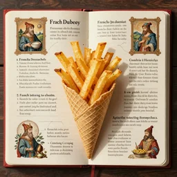 middle age illustrated recipe for french fry ( ( ( ( a french fry cone ) ) ) ) lot of medieval enluminures in the background explaining the recipe, schematic in a notebook
