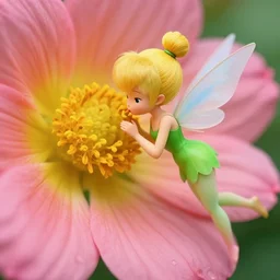 (very small anime Tinkerbell) kissing a big flower, hyper realism, macro shot