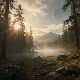 epic crystalline forest with a lake, golden hour, misty ground, rocky ground, distant mountains, hazy, foggy, atmospheric perspective, altostratus clouds, planets, cinematic, 35mm lens, anamorphic lens flare, photographic, octane render, cinematography by roger deakins, in the style of ansel adams, low details,