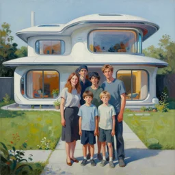 painting of a famaly photo in front of the house, futuristic style, fine details, magali villeneuve, artgerm, rutkowski
