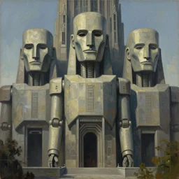 three brutalist giant sacred robots visage, portrait, dictator, cathedral, dystopian, pj crook, edward hopper, oil on canvas