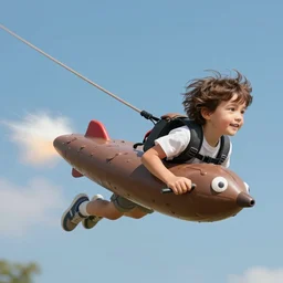 eight year old kid flying with a chocolate milk jet pack