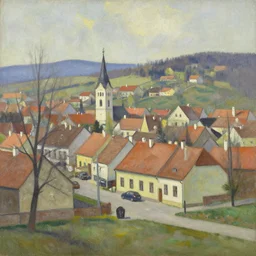 an edward hopper style painting of a ( ( ( ( ( ( ( ( small town csorna ) ) ) ) ) ) ) ) in hungary, early - spring, march of 1 9 5 5