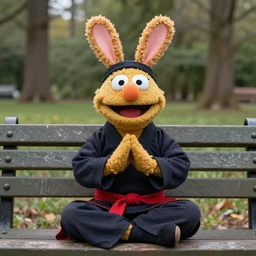 an extremely fluffy muppet with rabbit ears and wearing a dark ninja robe with a red belt and practicing her meditation in nature on a park bench, photorealistic, photography, ambient occlusion, rtx, national geographic, sesame street