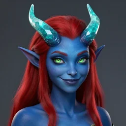 miles - johnston style portrait of a tiefling girl with dark blue skin, aquamarine coloured straight crystal horns, crimson hair, shifty lime green eyes and a playful smile, highly detailed masterpiece, artstation trending, 8 k, octane render
