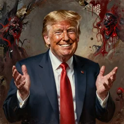 royal oil portrait of president donald trump as a historic fool. distorted, twisted smile. gesturing with hands. oil painting, highly detailed, bloody horror dilapidated satanic, grime, dirt, centered, digital painting, artstation, concept art, smooth, sharp focus, illustration, artgerm, tomasz alen kopera, peter mohrbacher, donato giancola, joseph christian leyendecker, frans hals, rembrandt